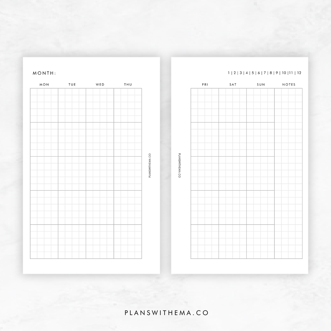 Undated Months on 2 Pages (MO2P) Planner Inserts