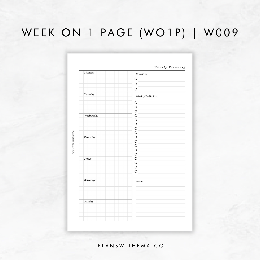 Weeks on 1 Page (WO1P) Planner Inserts | W009