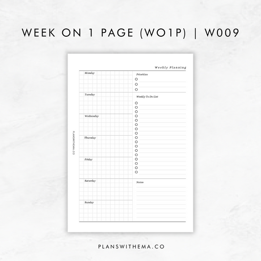 Weeks on 1 Page (WO1P) Planner Inserts | W009