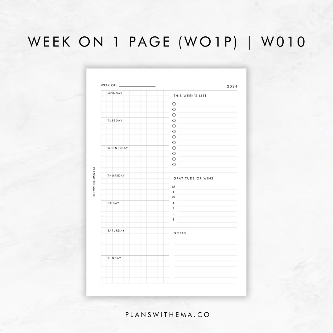 Weeks on 1 Page (WO1P) Planner Inserts | W010