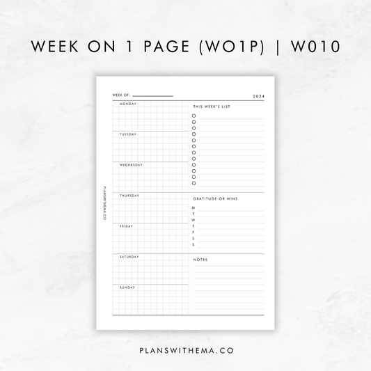 Weeks on 1 Page (WO1P) Planner Inserts | W010