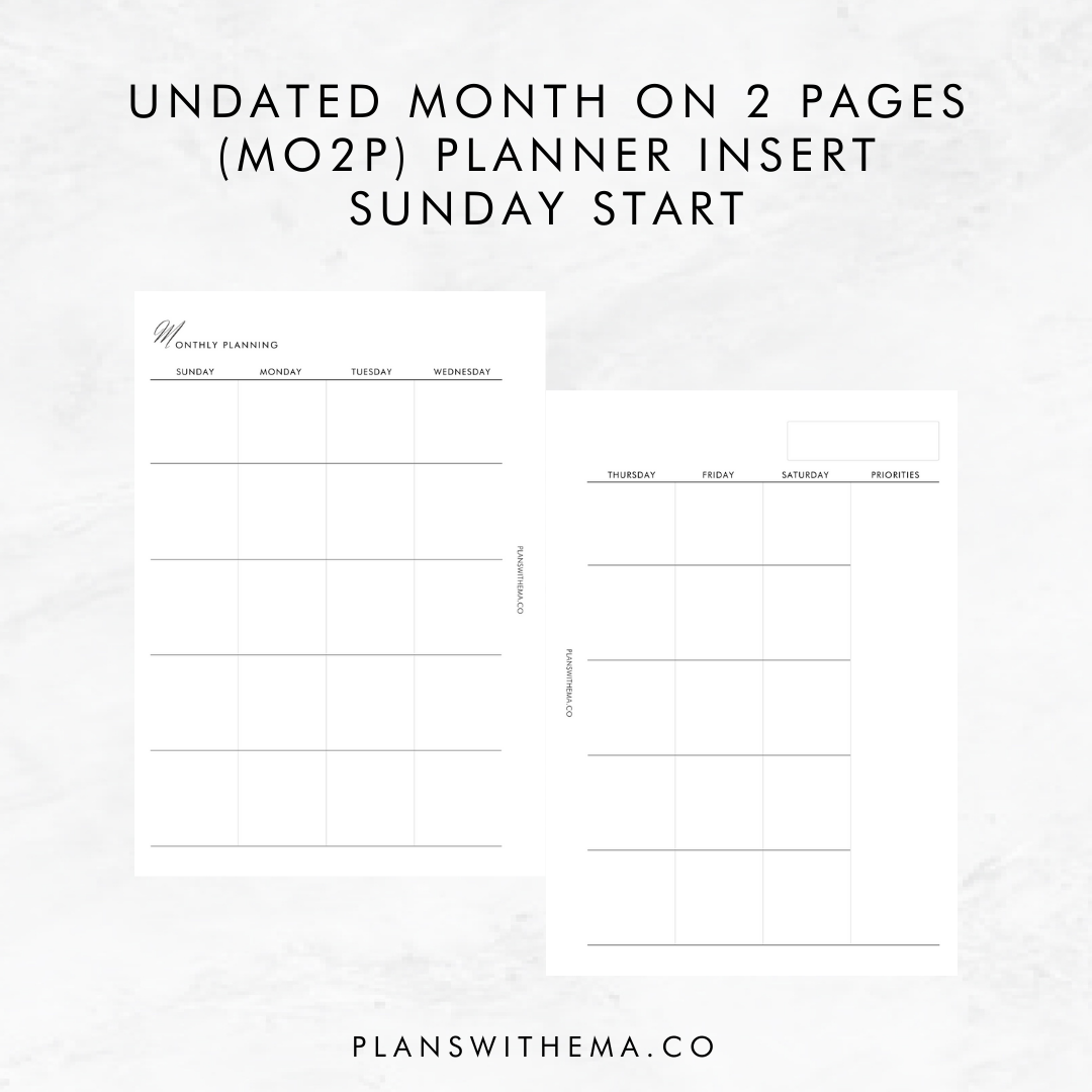 Months on 2 Pages (MO2P) Planner Inserts